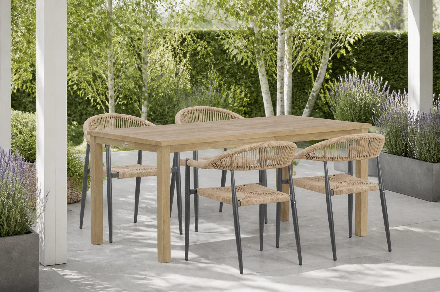 Sfeerfoto van De Laan Projects Laan Granada/Weston 160 cm dining tuinset 5-delig – Taupe-naturel-bruin