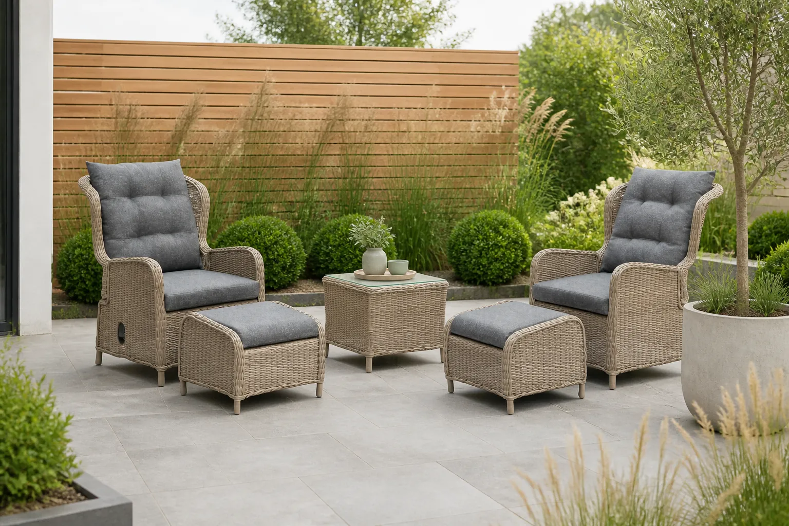 Sfeerfoto van Denza Furniture Glasgow lounge balkonset verstelbaar 2 personen | wicker + aluminium | Ash Grey | 5-delig – Grijs
