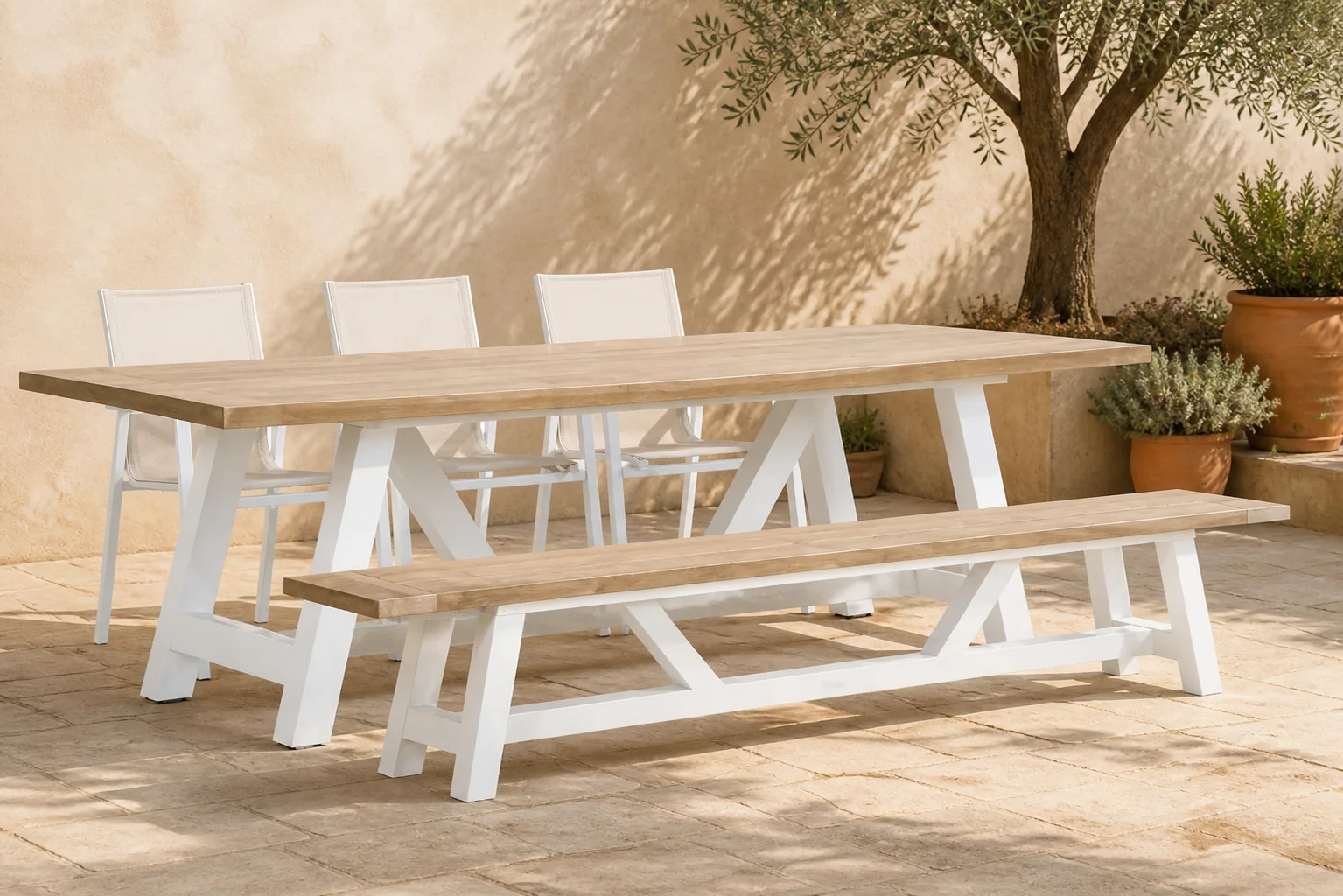 Sfeerfoto van Lifestyle Garden Furniture Fiora/Florence 260 cm dining tuinset 5-delig – Wit