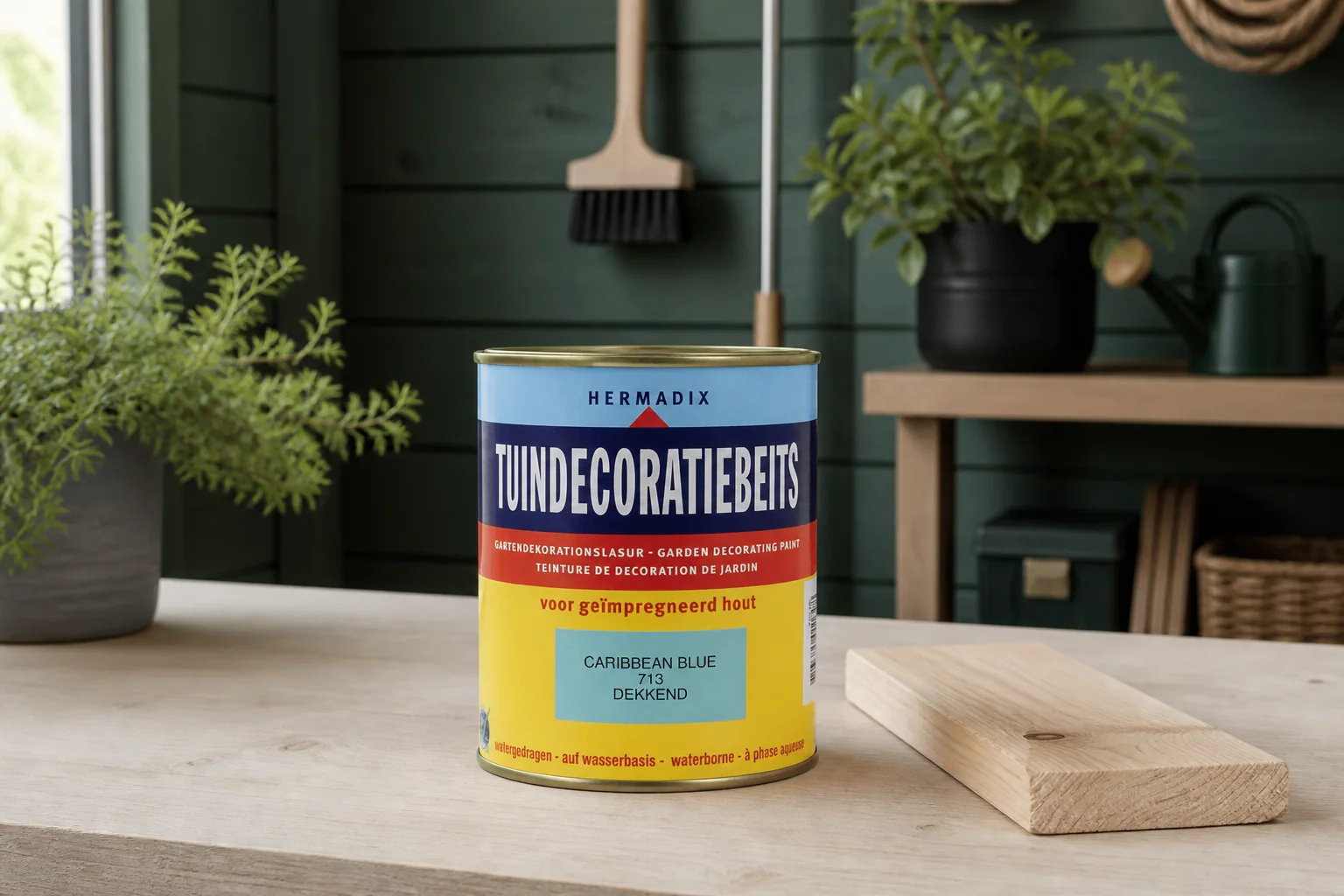 Sfeerfoto van Hermadix Tuindecoratiebeits 713 caribbean blue 750 ml – blauw