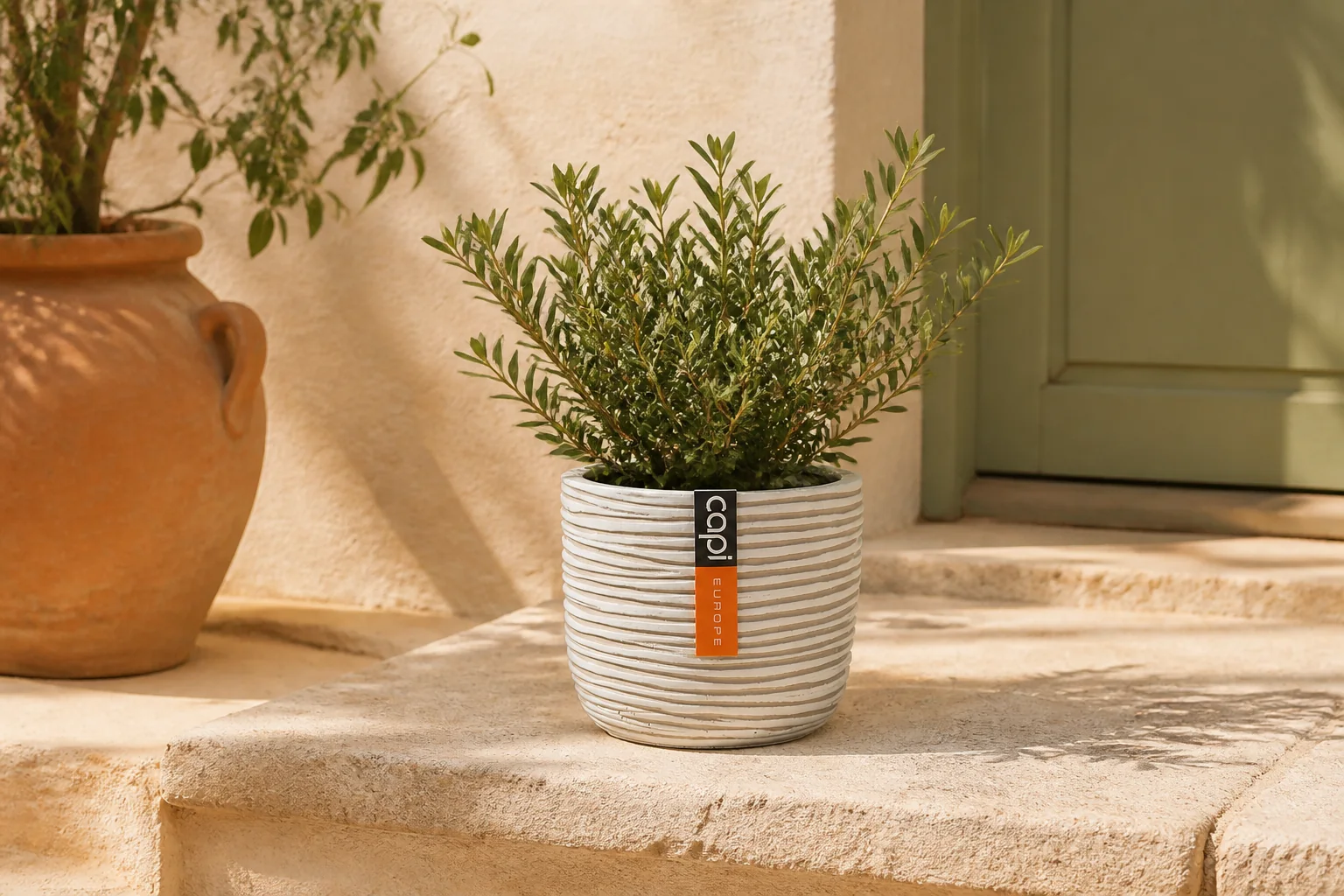 Sfeerfoto van Capi europe Bloempot Ei pot rib II 10×8,5 ivoor – wit
