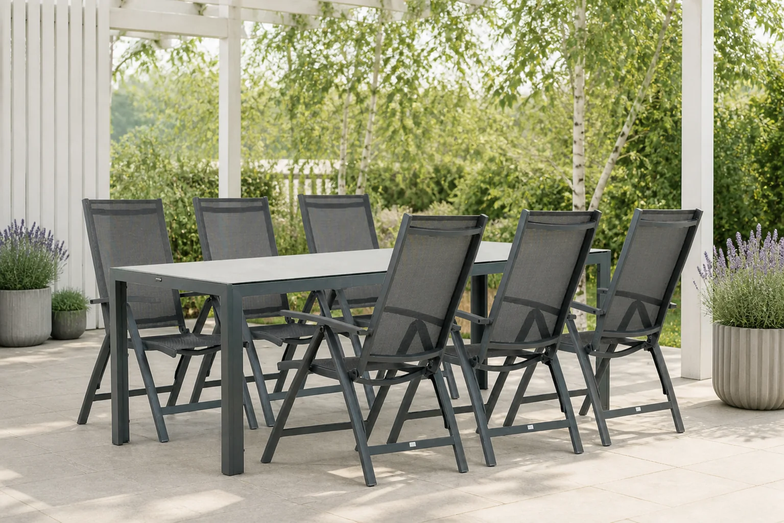Sfeerfoto van Presto Vasto/Venustas 210 cm dining tuinset 7-delig – Grijs-antraciet