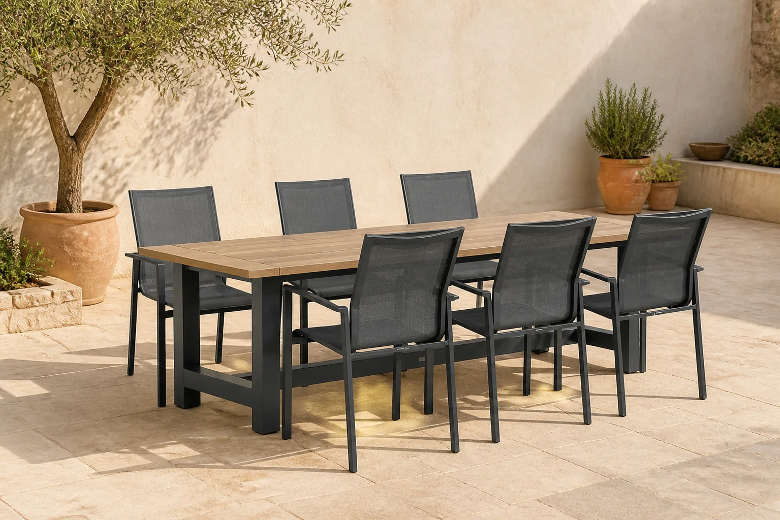 Sfeerfoto van Lifestyle Garden Furniture Timo/San Francisco 260×100 cm dining tuinset 7-delig – Grijs-antraciet