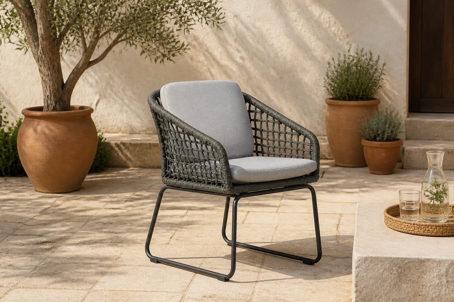 Sfeerfoto van BUITEN living Tulum dining tuinstoel | touw + aluminium | Stone Grey