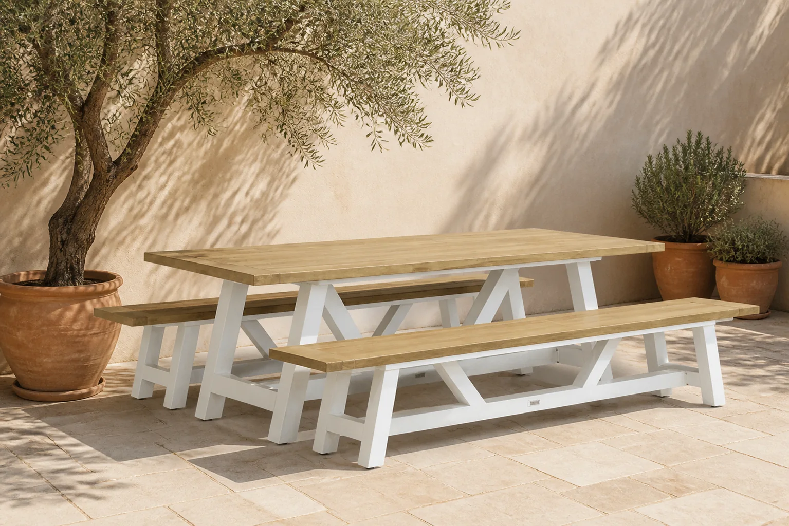 Sfeerfoto van Lifestyle Garden Furniture Florence/Florence 260 cm dining tuinset 3-delig – Wit