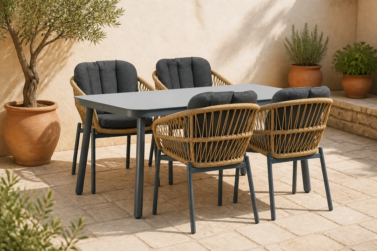 Sfeerfoto van De Laan Projects Laan Malaga/Tavano 160×90 cm dining tuinset 5-delig – Grijs-antraciet