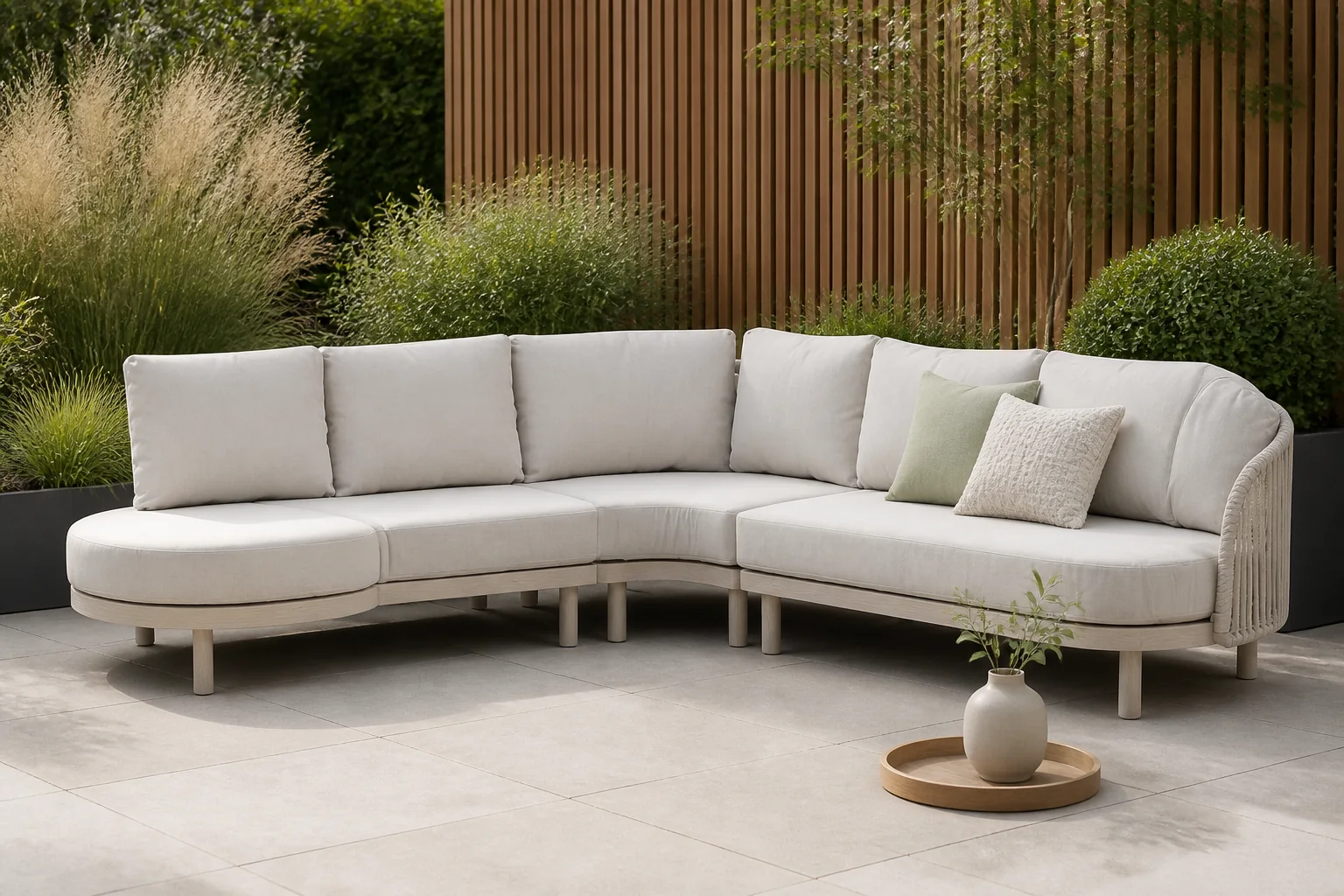 Sfeerfoto van Santika Furniture Nanda hoek loungeset 3-delig – Taupe-naturel-bruin