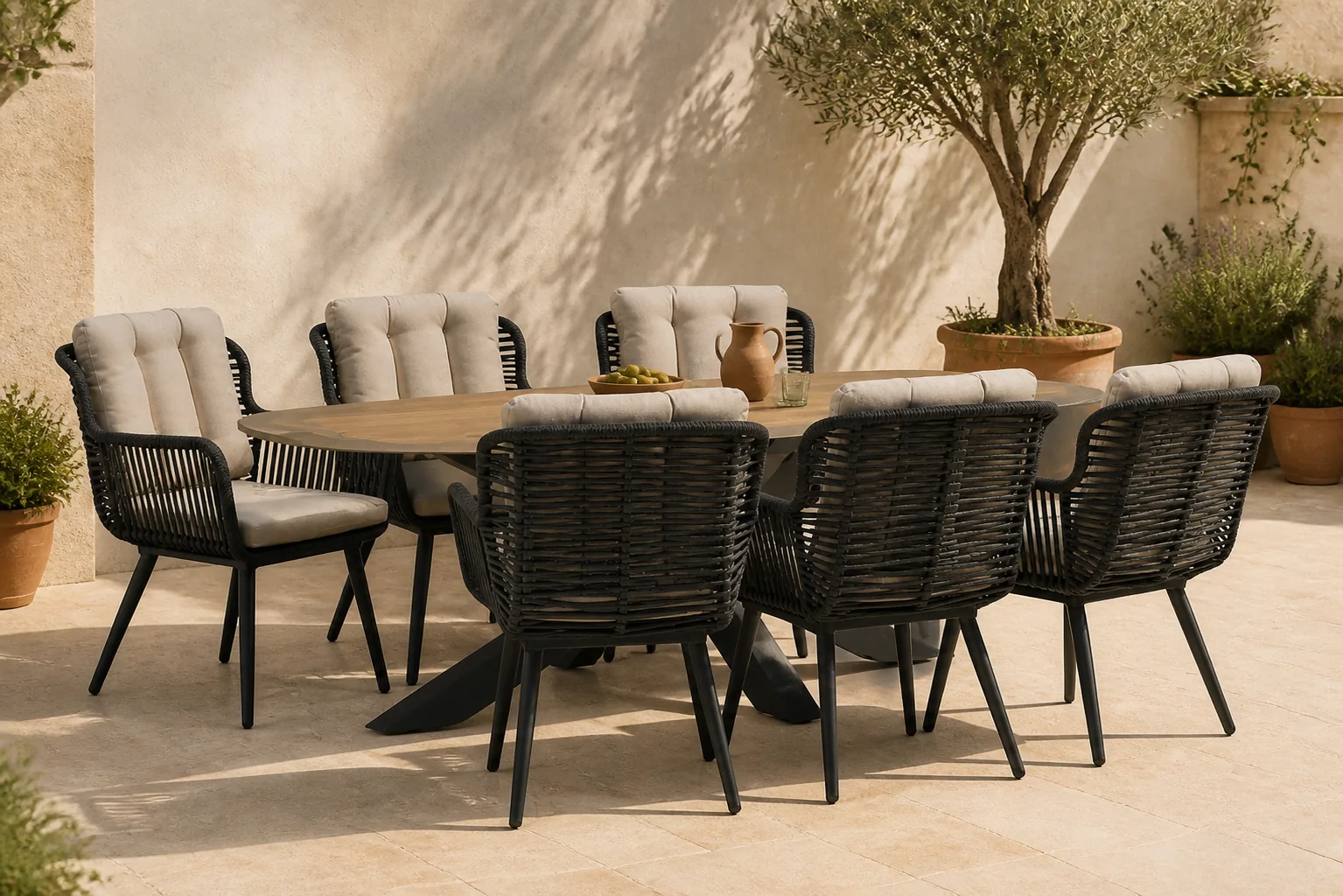 Sfeerfoto van Coco Custa/Brookline 240×120 cm dining tuinset 7-delig – Grijs-antraciet