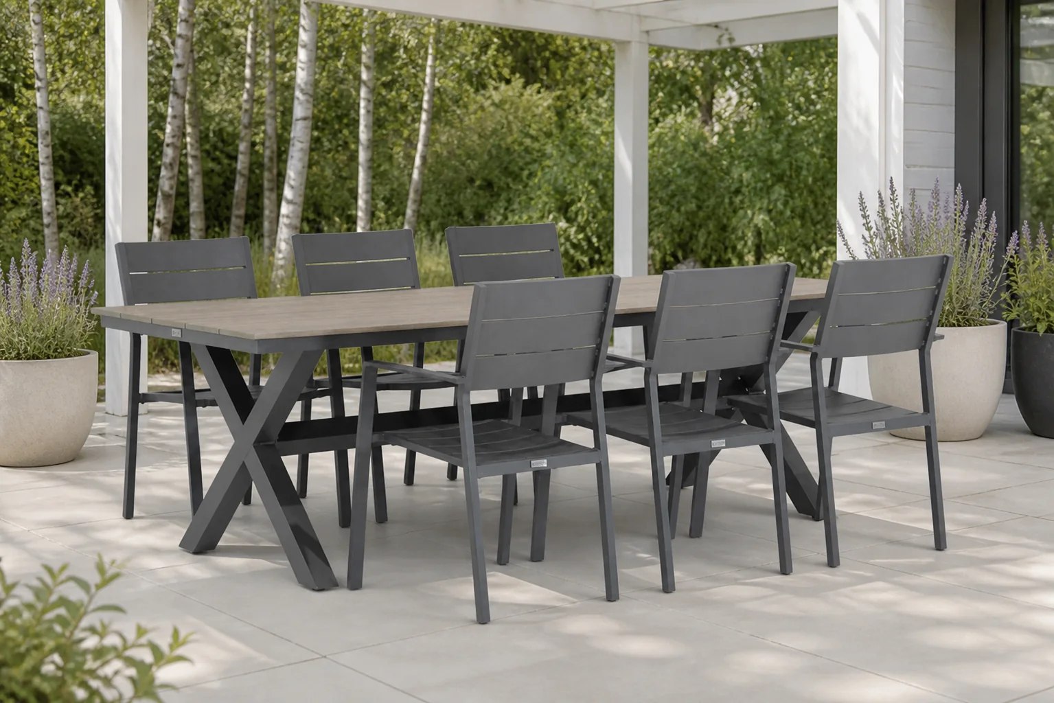 Sfeerfoto van Lifestyle Garden Furniture Stella/Forest 240 cm dining tuinset 7-delig – Grijs-antraciet