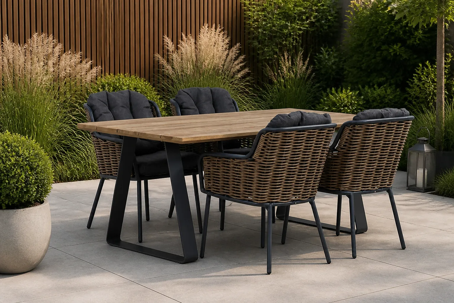Sfeerfoto van Santika Furniture Fasano/Palta 180 cm dining tuinset 5-delig – Grijs-antraciet