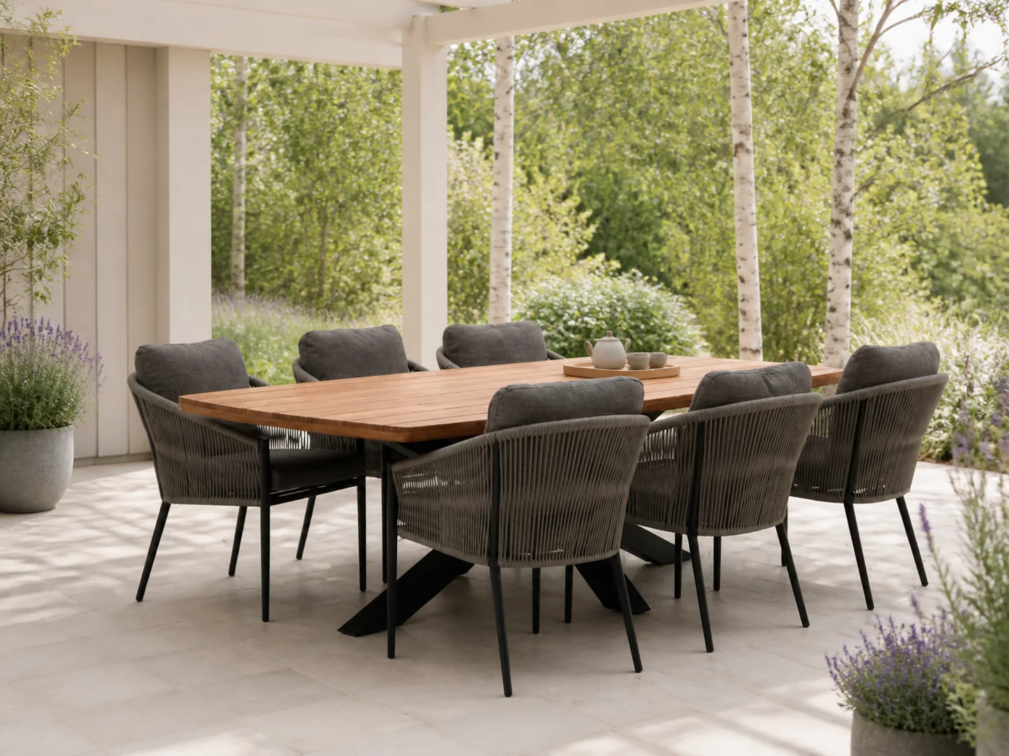 Sfeerfoto van Bellagio tuinmeubelen + 10% kassakorting | Bellagio Mineo/Induno Deens Ovaal 240cm dining tuinset 7-delig – Bruin
