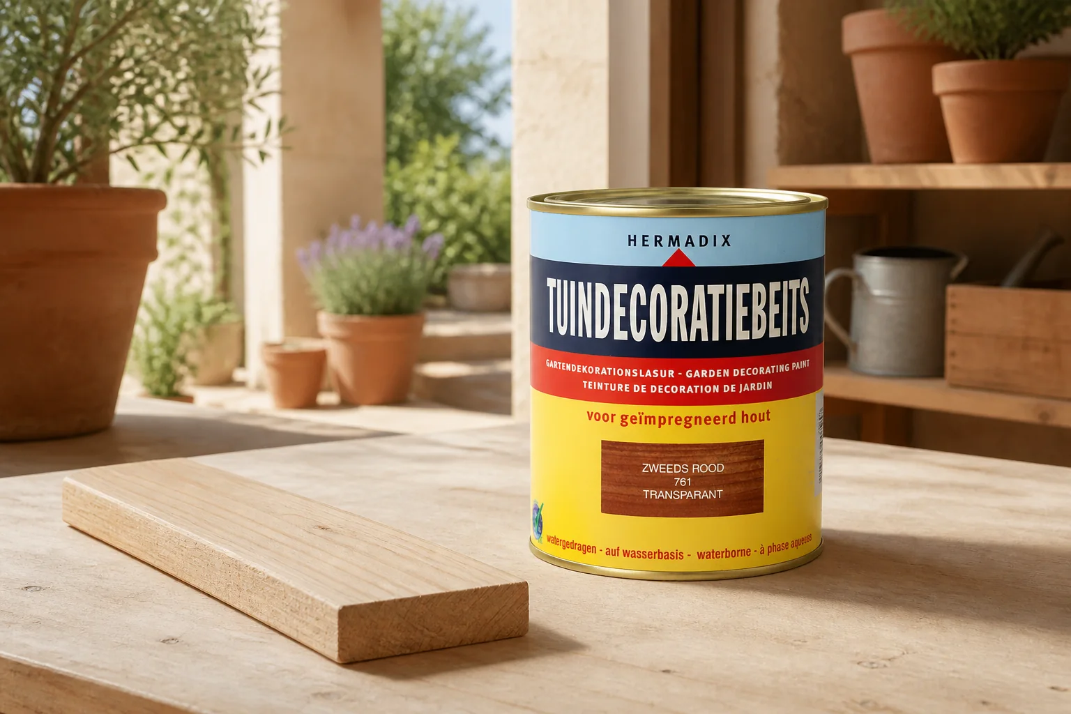 Sfeerfoto van Hermadix Tuindecoratiebeits 761 zweeds rood 750 ml