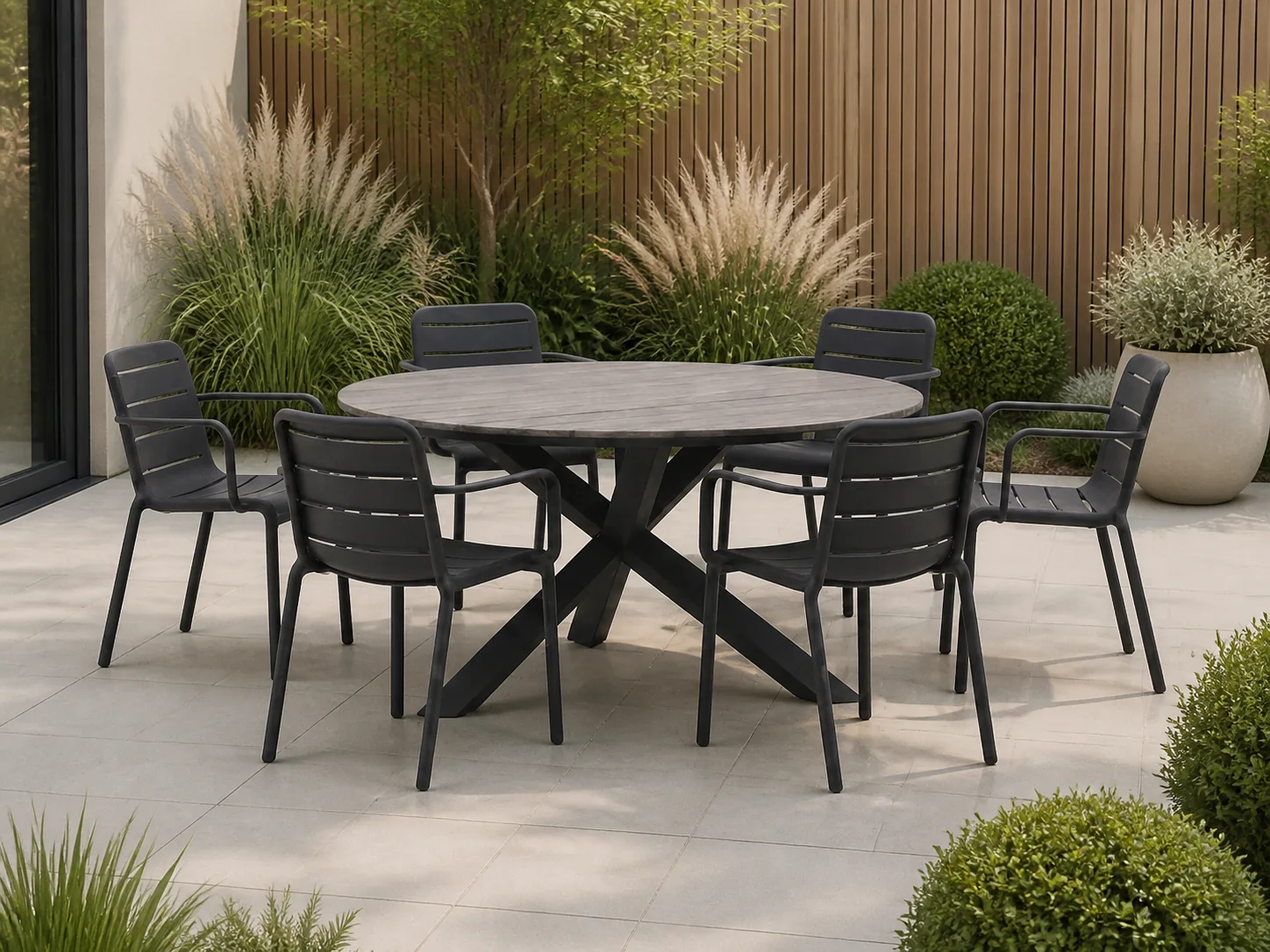 Sfeerfoto van Forza Furniture Narni/Fidenza ø149cm dining tuinset 7-delig stapelbaar