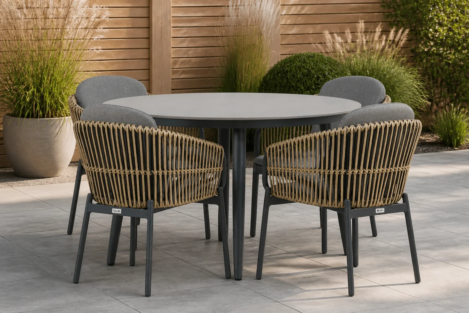 Sfeerfoto van Coco Nathan/Vienna 120 cm dining tuinset 5-delig – Taupe-naturel-bruin