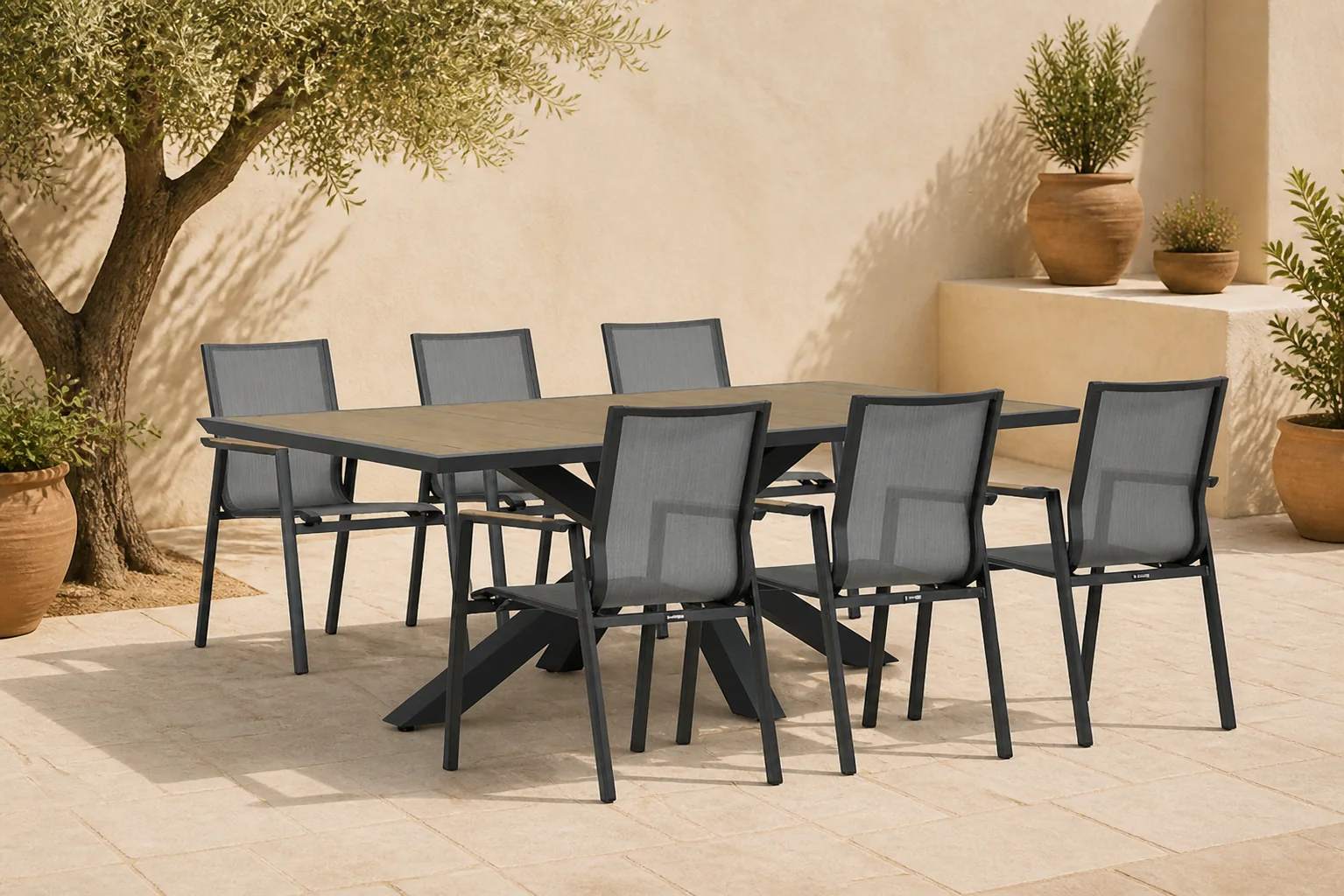 Sfeerfoto van Lifestyle Garden Furniture Fiora/Palermo 215 cm dining tuinset 7-delig – Grijs-antraciet