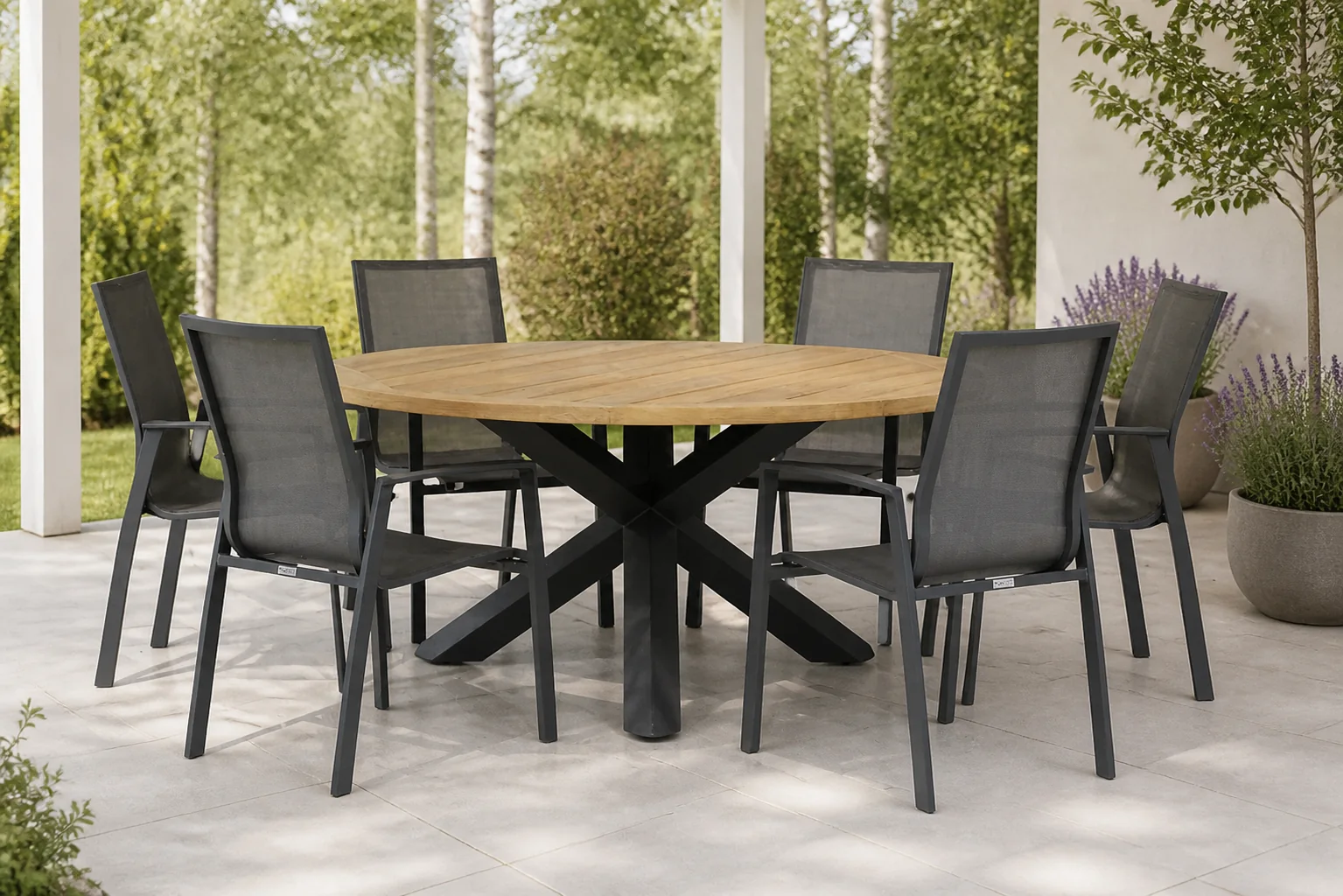 Sfeerfoto van Lifestyle Garden Furniture Ultimate/Rockville 160 cm rond dining tuinset 7-delig – Grijs-antraciet