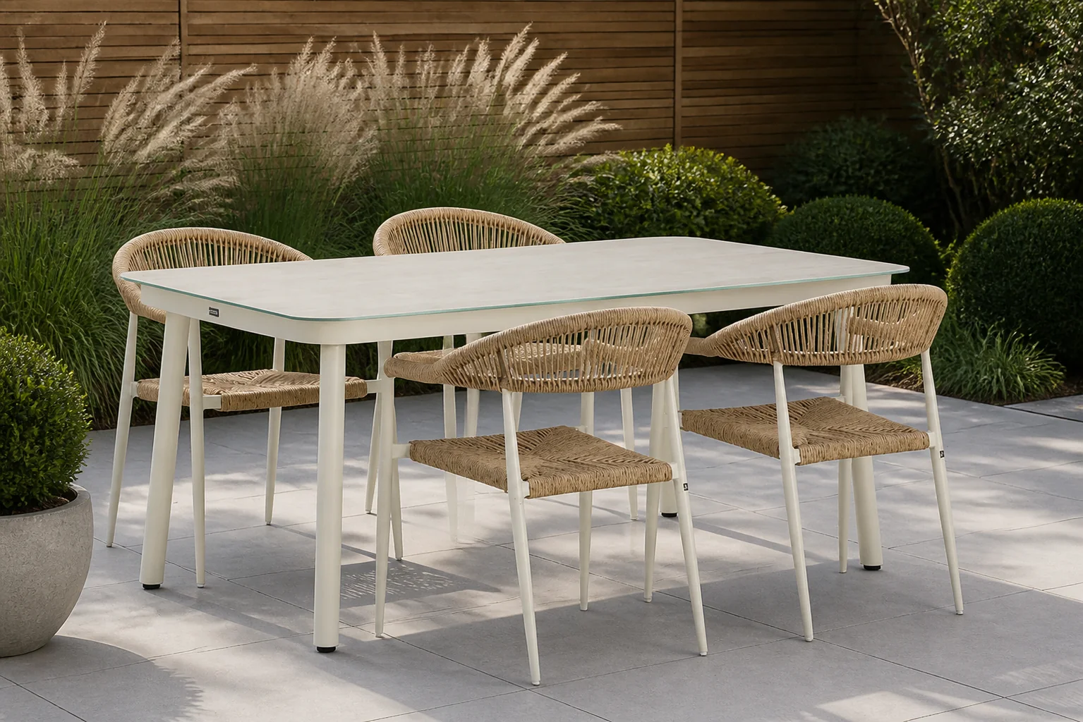 Sfeerfoto van De Laan Projects Lifestyle Granada/Tavano 160 cm dining tuinset 5-delig – Taupe-naturel-bruin