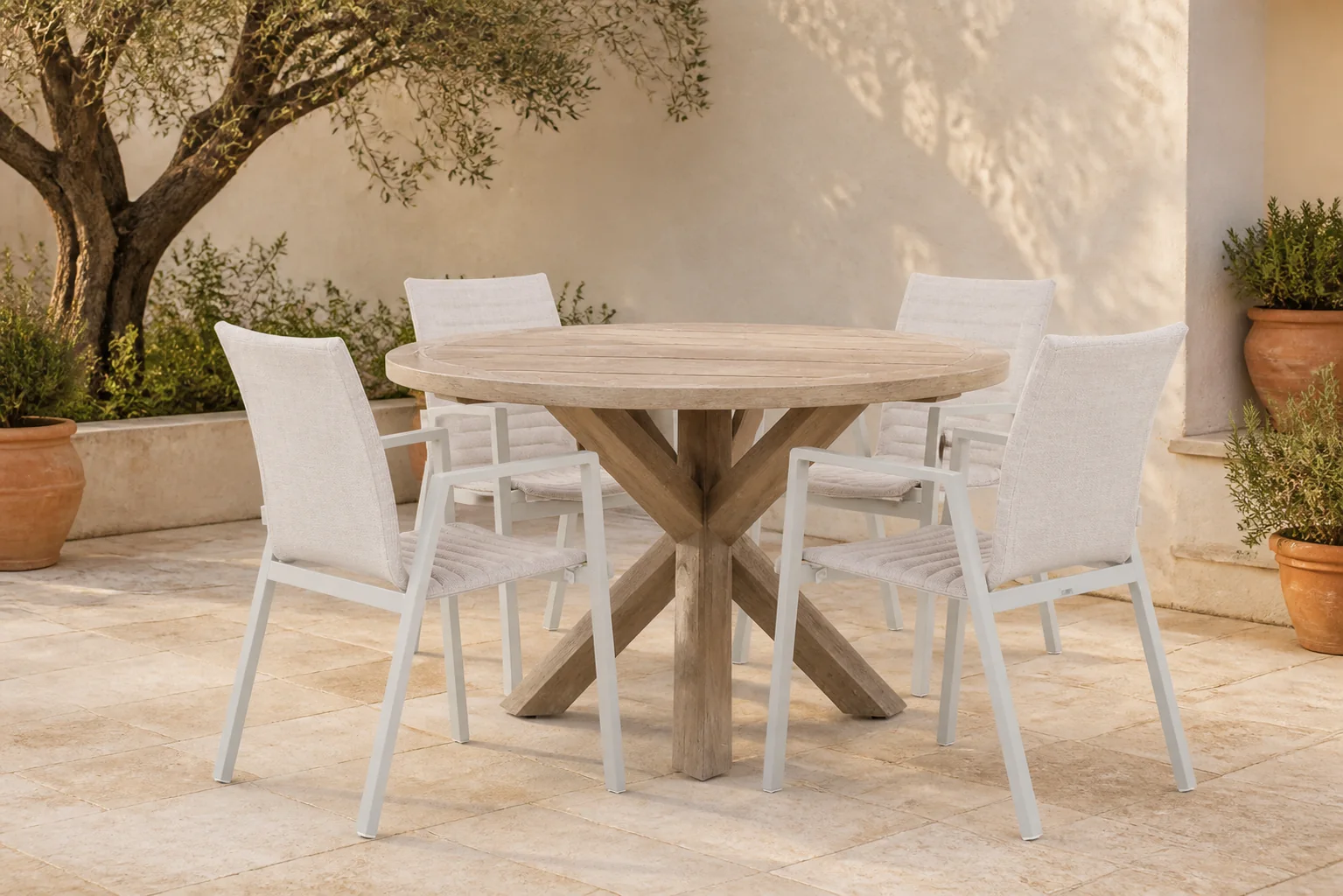 Sfeerfoto van Osmen Joliet/Sand City 120 cm dining tuinset 5-delig – Taupe-naturel-bruin