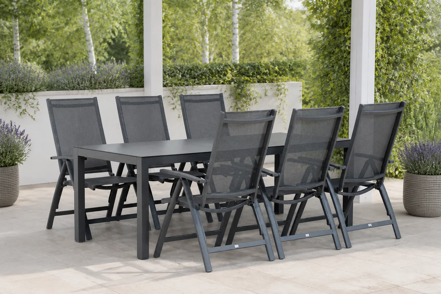 Sfeerfoto van Presto Vasto/Madras 220 cm dining tuinset 7-delig – Grijs-antraciet