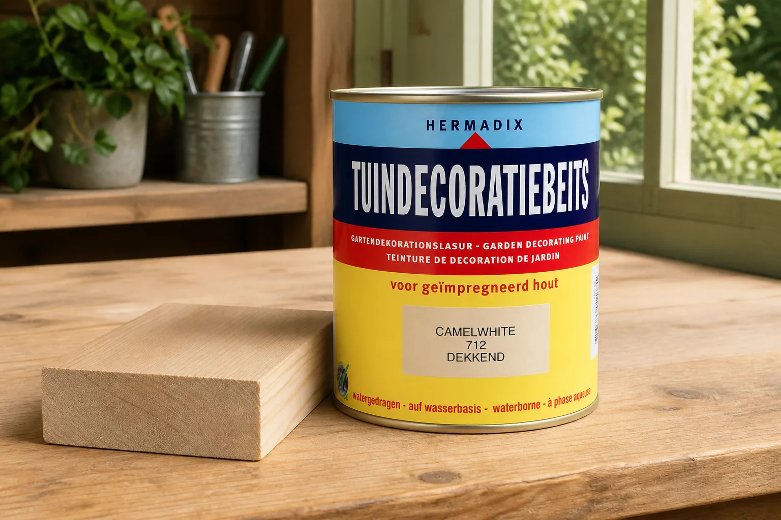 Sfeerfoto van Hermadix Tuindecoratiebeits 712 camel white 750 ml – wit