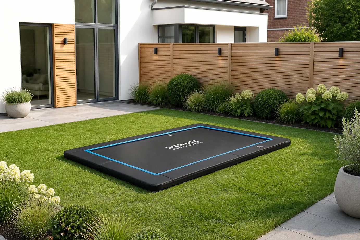 Sfeerfoto van High Life trampoline 300×230 cm – zwart