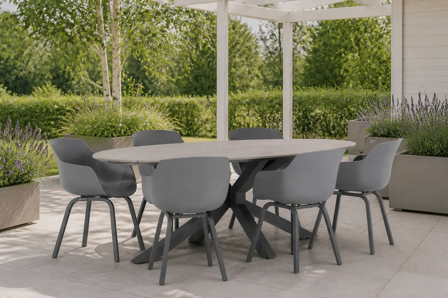 Sfeerfoto van Lifestyle Garden Furniture Salina/Matara 220 cm dining tuinset 7-delig – Grijs-antraciet