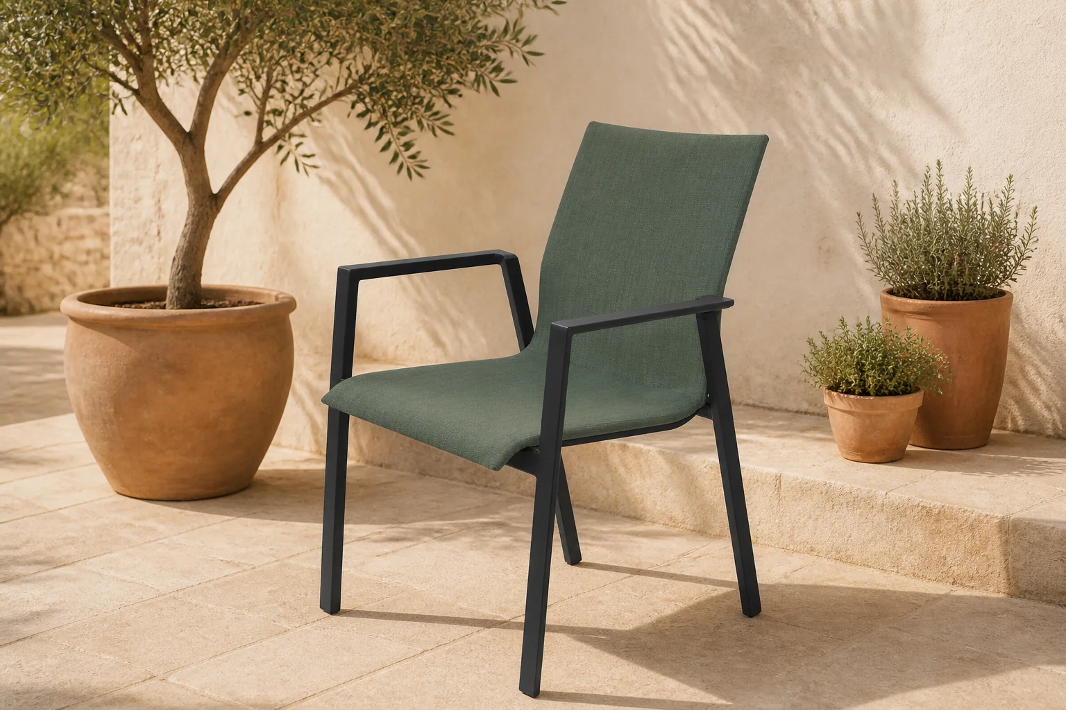 Sfeerfoto van Oosterik home Genesee stapelstoel midnight grey forest green – grijs