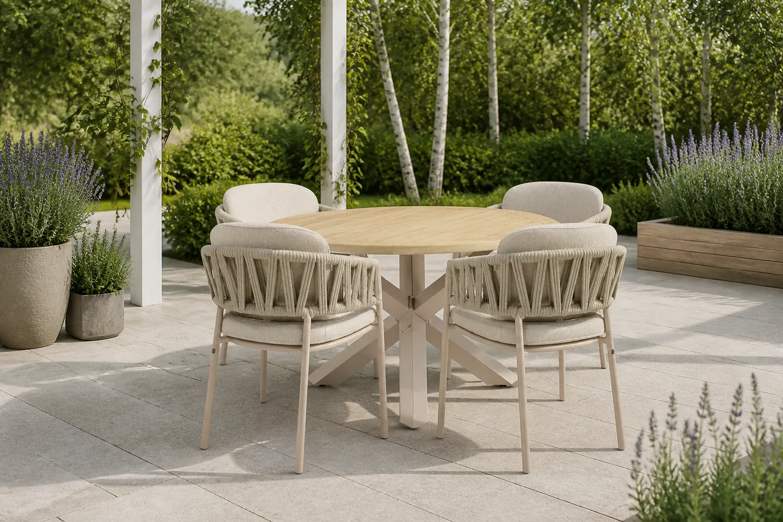 Sfeerfoto van 4 Seasons Outdoor Calma/Rockville 120 cm dining tuinset 5-delig – Zand/Beige