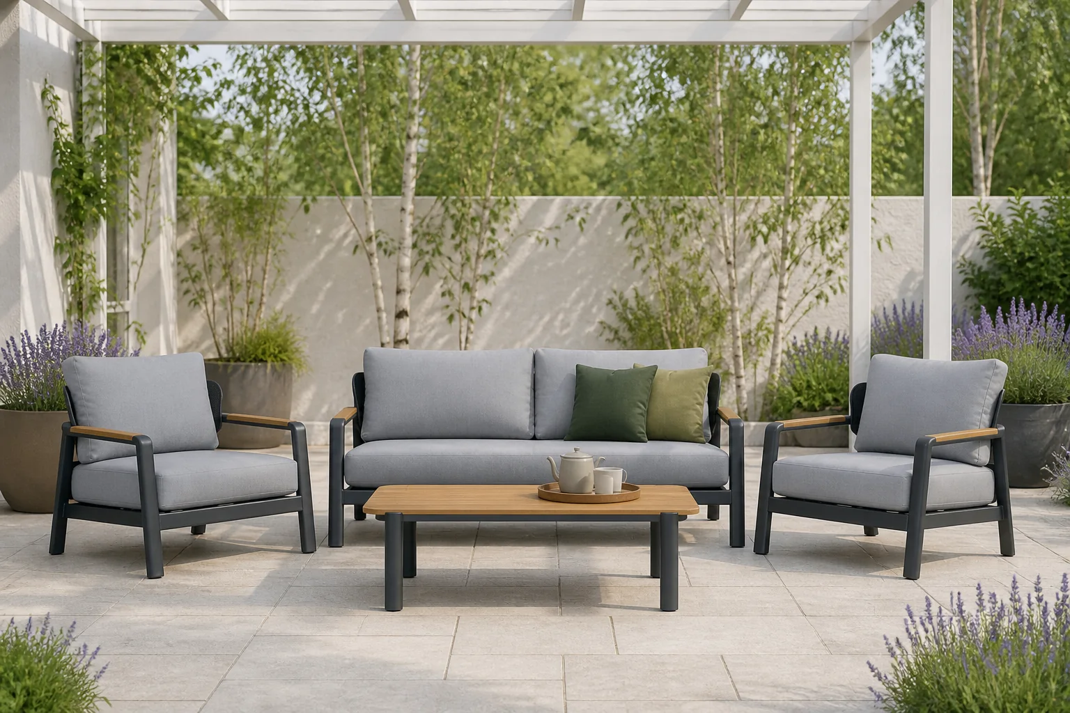 Sfeerfoto van LUX outdoor living Marbella stoel-bank loungeset 4 personen | aluminium + teak | antraciet | 4-delig