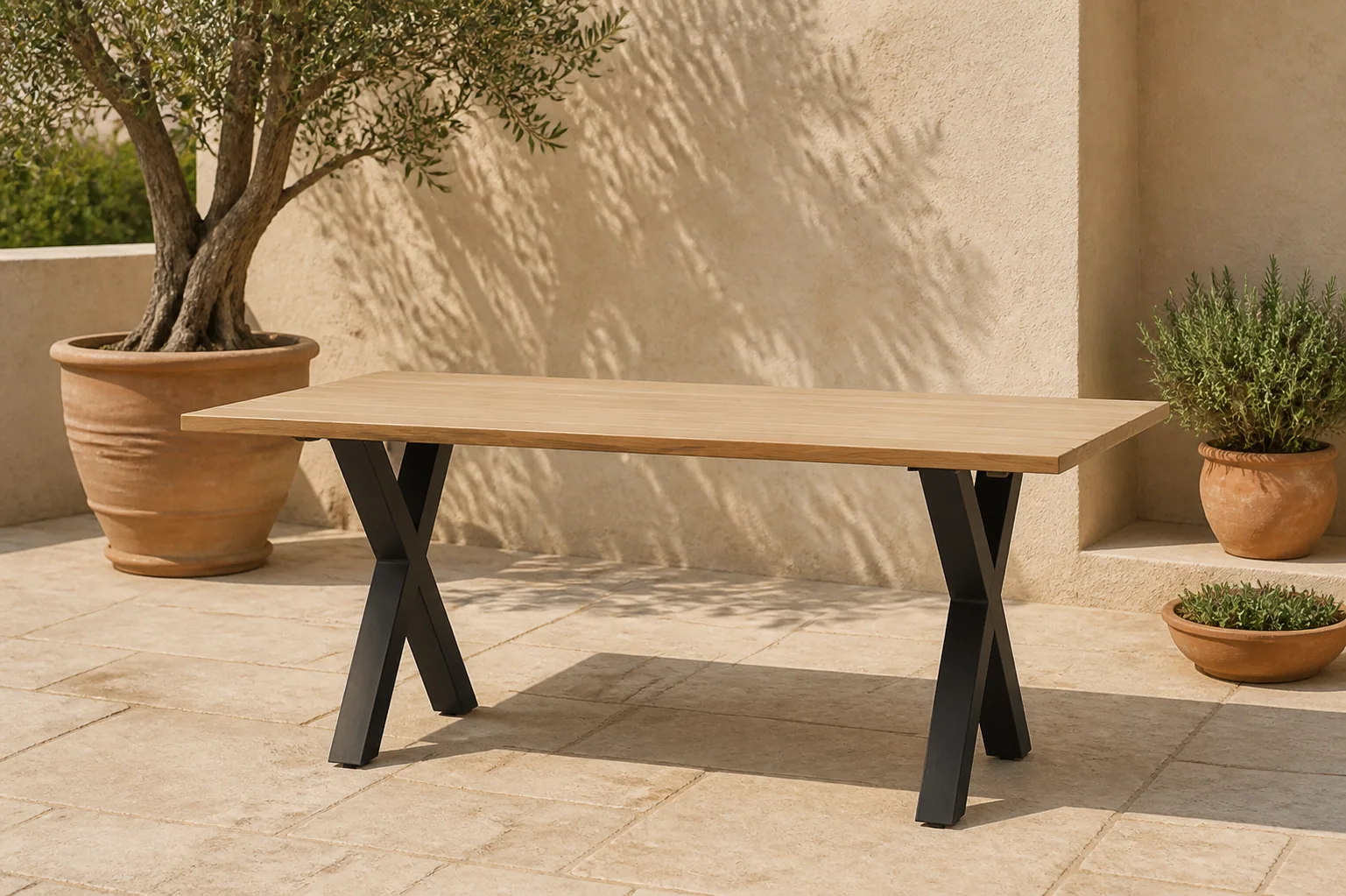 Sfeerfoto van Garden impressions Zeus dining tafel 180×100 carbon black/teak look/X-stijl – zwart