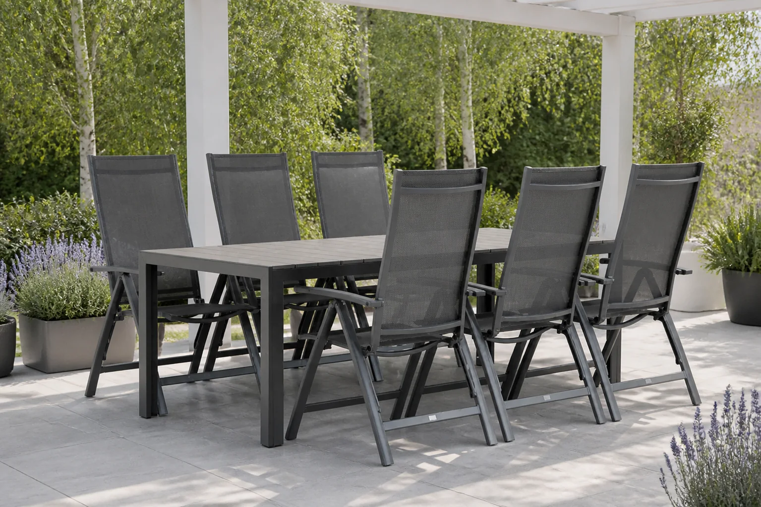Sfeerfoto van Presto Donato/Young 217 cm dining tuinset 7-delig – Grijs-antraciet