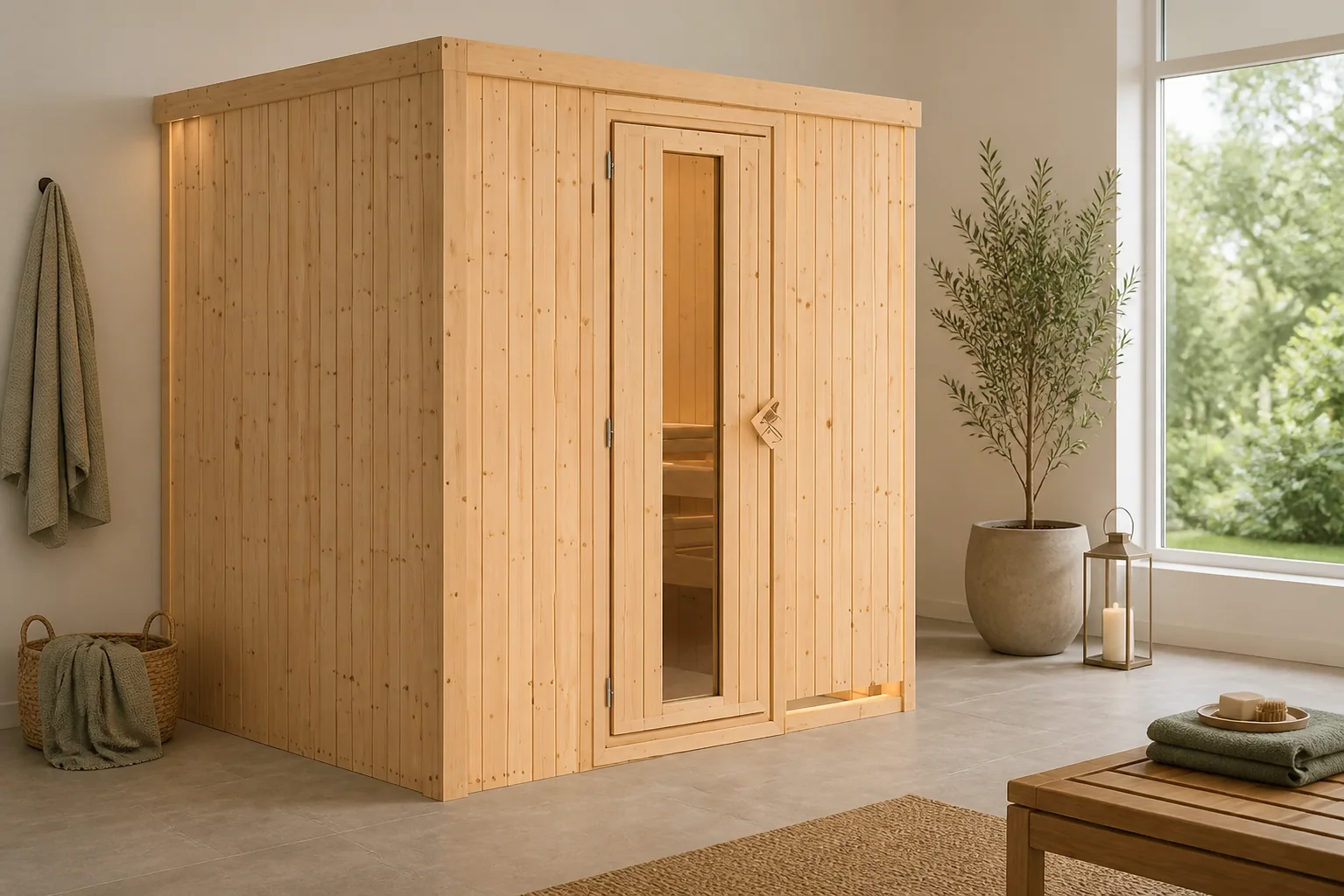 Sfeerfoto van Karibu | Fanja Sauna met Dakkraag | Antracietglas | Kachel 3,6 kW Geïntegreerde Bediening