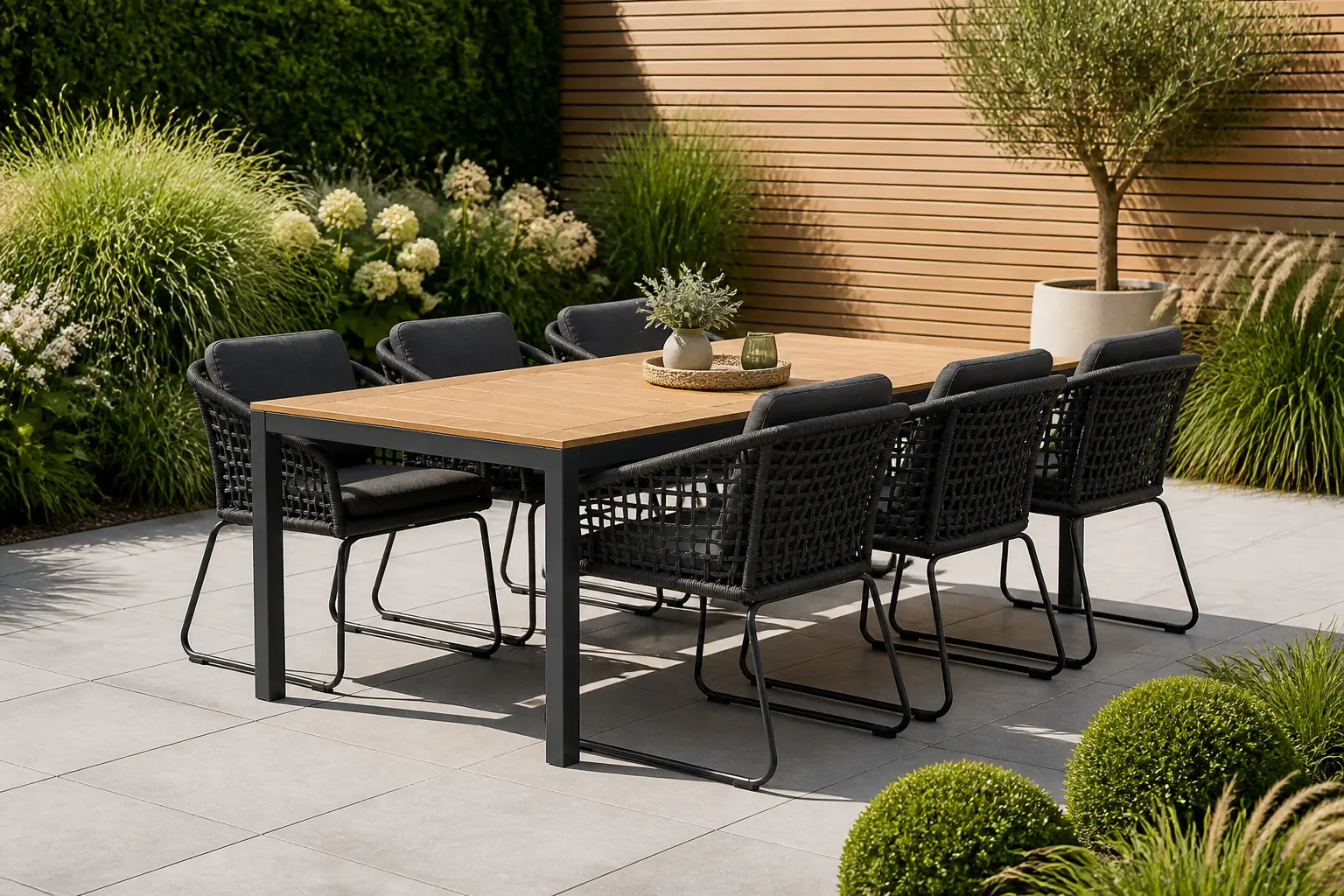 Sfeerfoto van LUX outdoor living Delta/Tulum Lava Grey dining tuinset | 6 personen | teakhout + touw | 220cm – Grijs