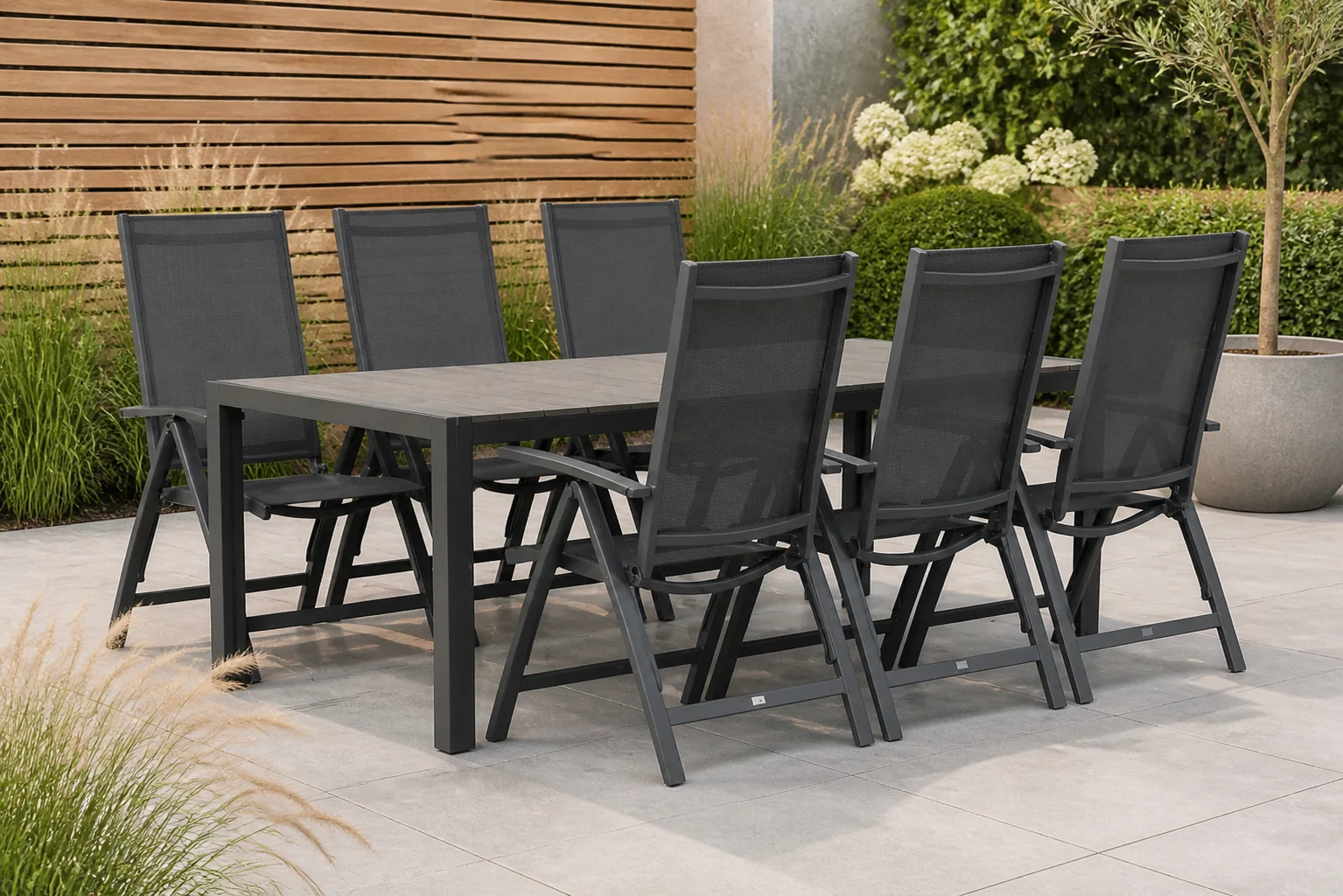 Sfeerfoto van Presto Vasto/Young 217 cm dining tuinset 7-delig – Grijs-antraciet