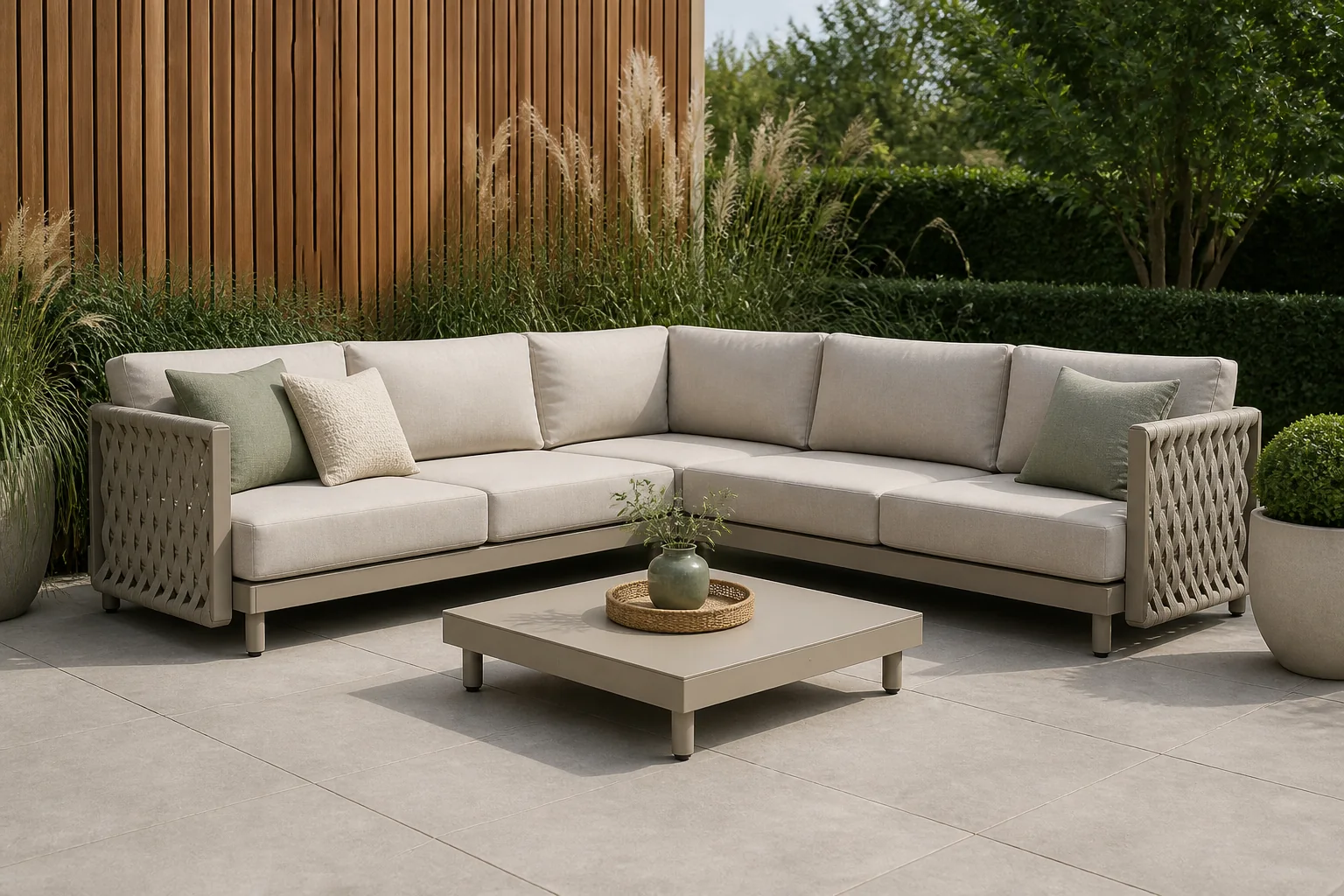 Sfeerfoto van LUX outdoor living Mendoza hoek loungeset 5 personen | aluminium + touw | beige | 4-delig 266x266cm
