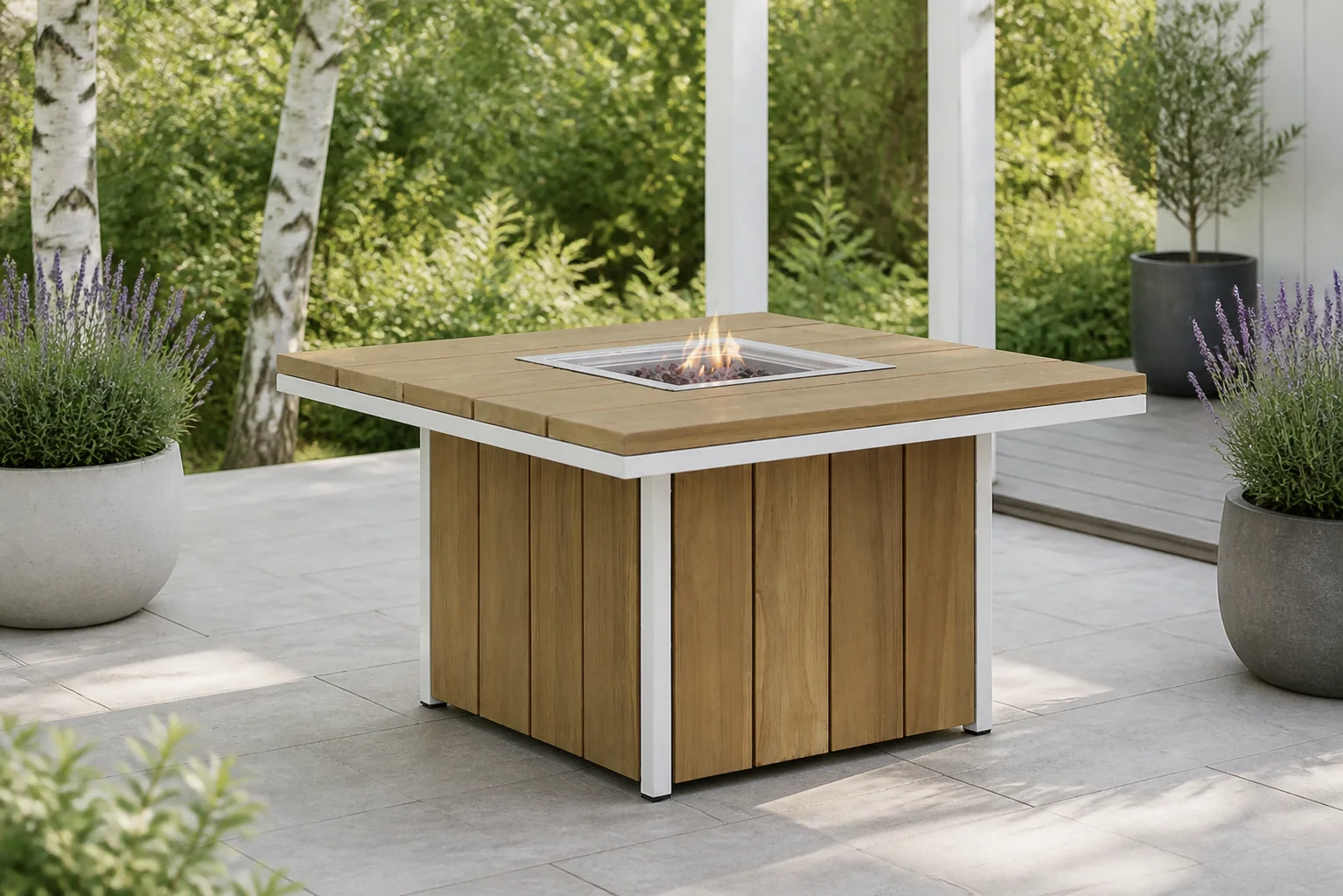 Sfeerfoto van Lifestyle Garden Furniture Seaside lounge vuurtafel 90 x 90 cm wit – Naturel teak