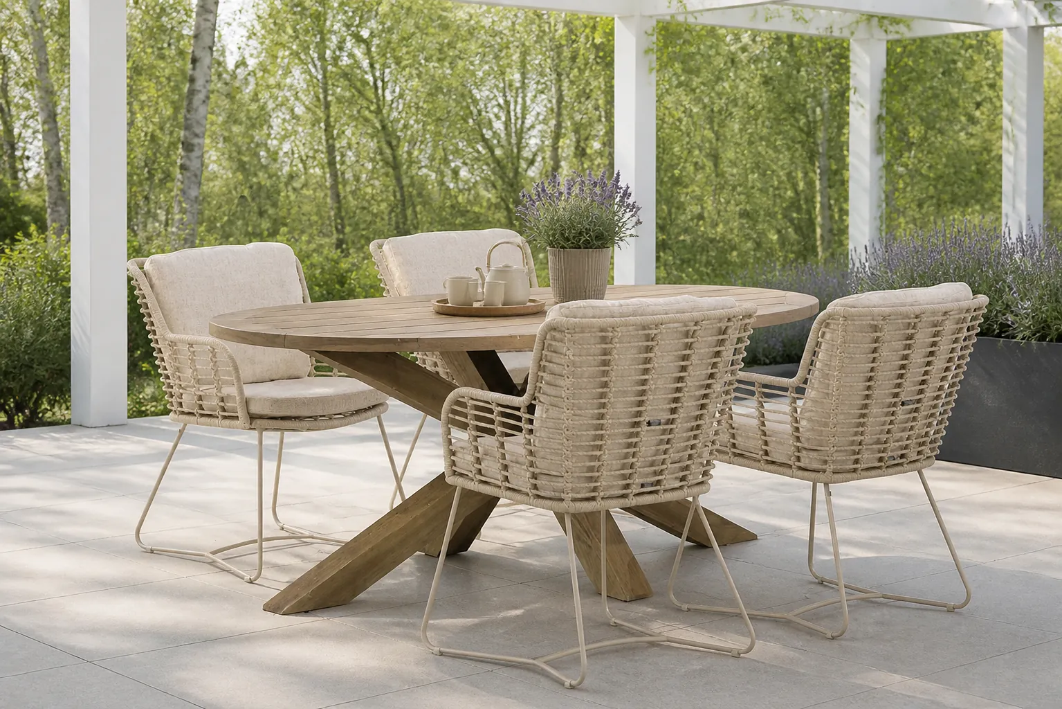 Sfeerfoto van 4 Seasons Outdoor Fabrice/Boston 200 cm dining tuinset 5-delig – Taupe-naturel-bruin