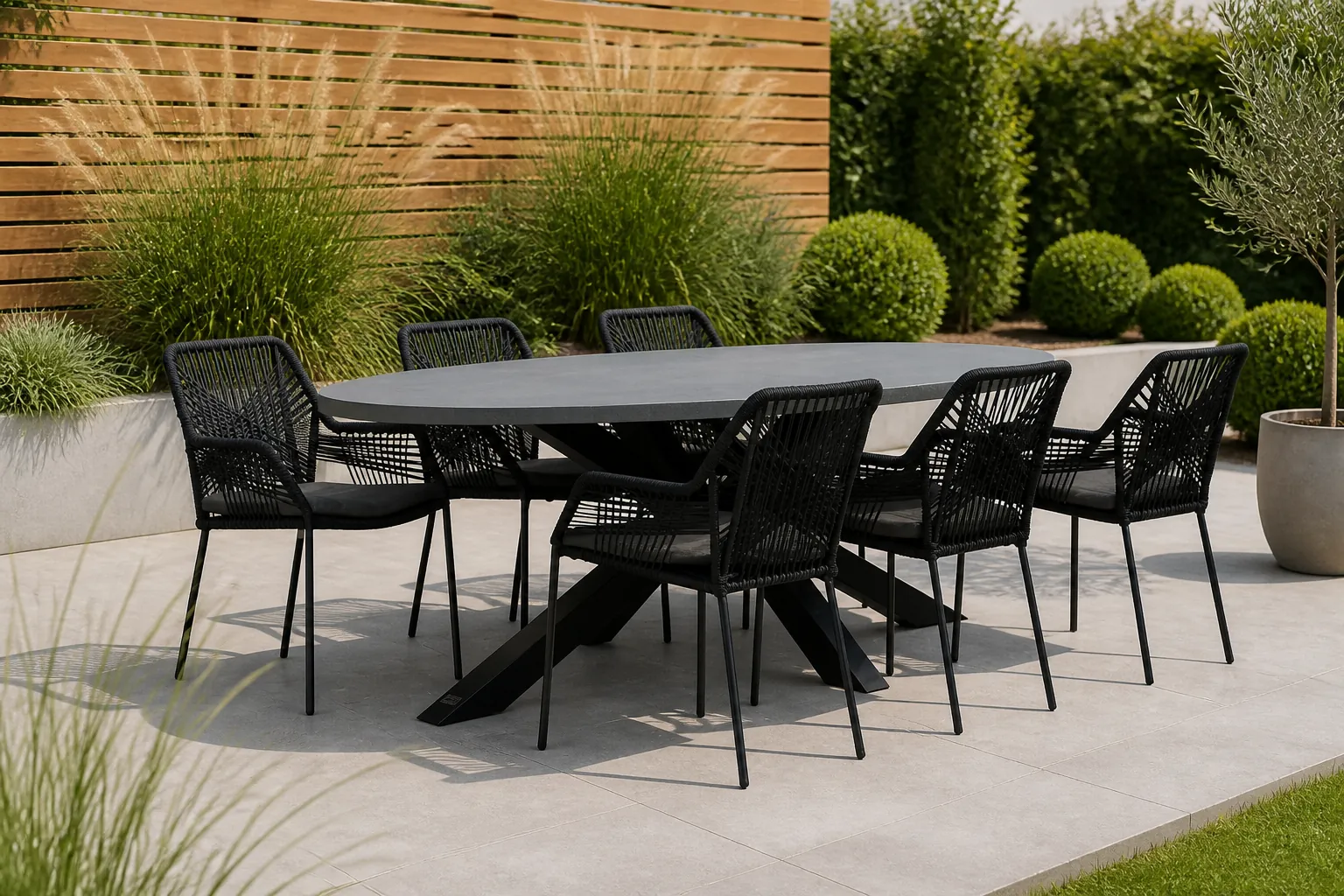 Sfeerfoto van BUITEN living Stockholm/Seville zwart dining tuinset | 6 personen | betonlook + touw | 240cm ovaal – Grijs