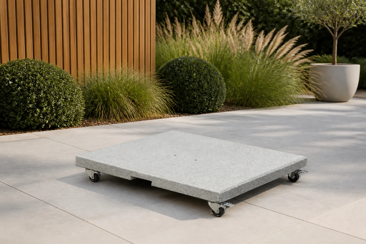 Sfeerfoto van LUX outdoor living Rocca parasolvoet 90kg met zwenkwielen | graniet | grijs