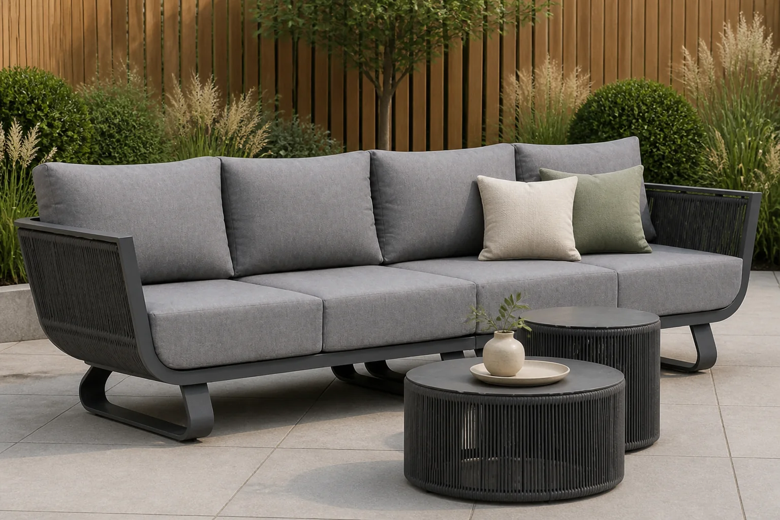 Sfeerfoto van Santika Furniture Corniche lounge tuinbank 4-delig – Grijs-antraciet