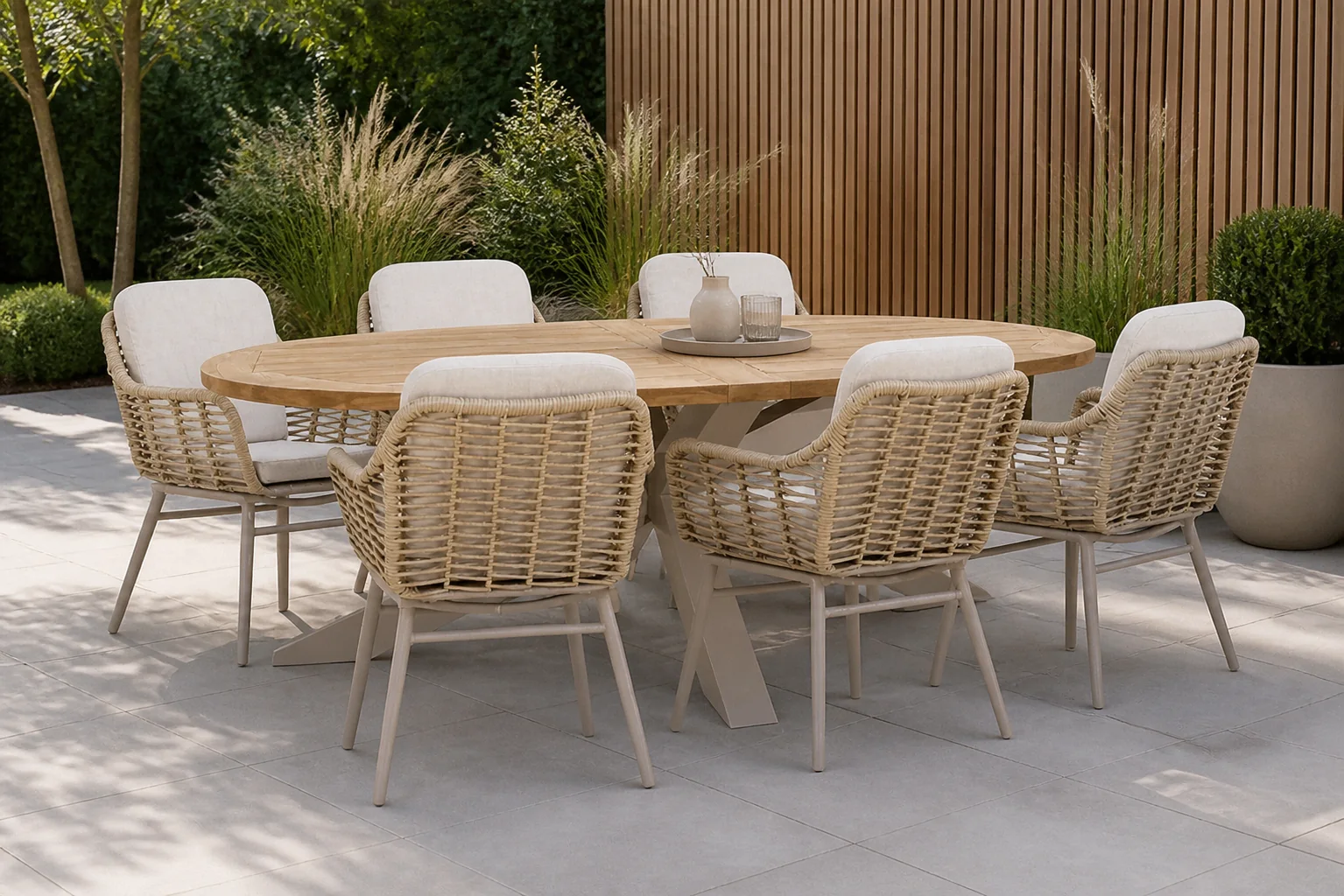 Sfeerfoto van Coco Antoni/Brookline 240 cm dining tuinset 7-delig – Taupe-naturel-bruin