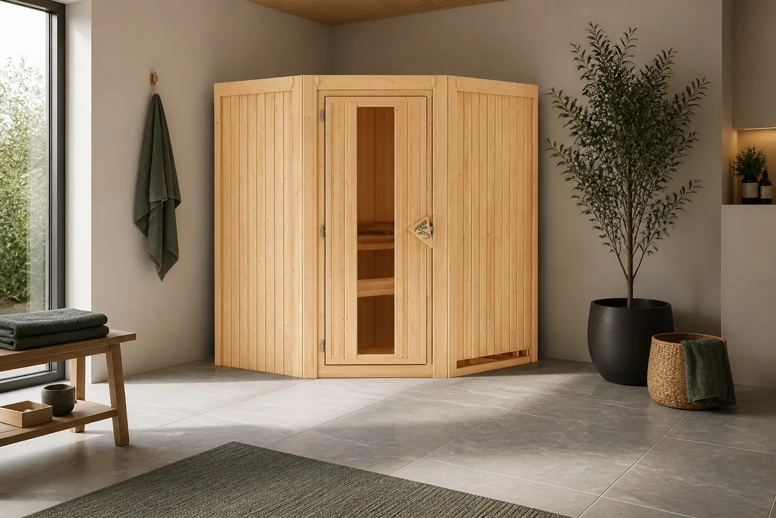 Sfeerfoto van Karibu | Tonja Sauna met Dakkraag | Helderglas Deur