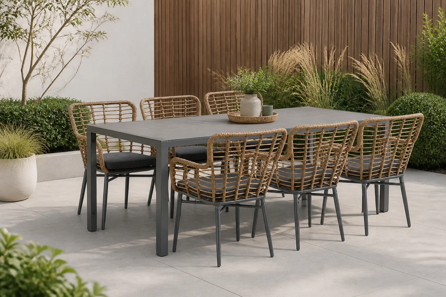 Sfeerfoto van De Laan Projects Laan Toledo/Solare 200 cm dining tuinset 7-delig – Taupe-naturel-bruin