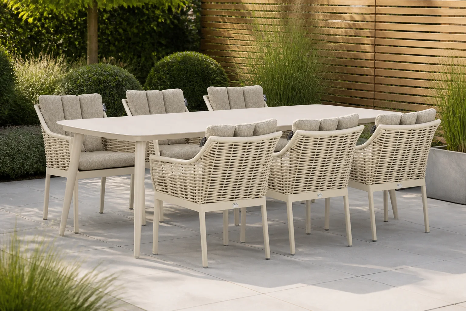 Sfeerfoto van Apple Bee Milou/Vienna 240 cm dining tuinset 7-delig – Taupe-naturel-bruin