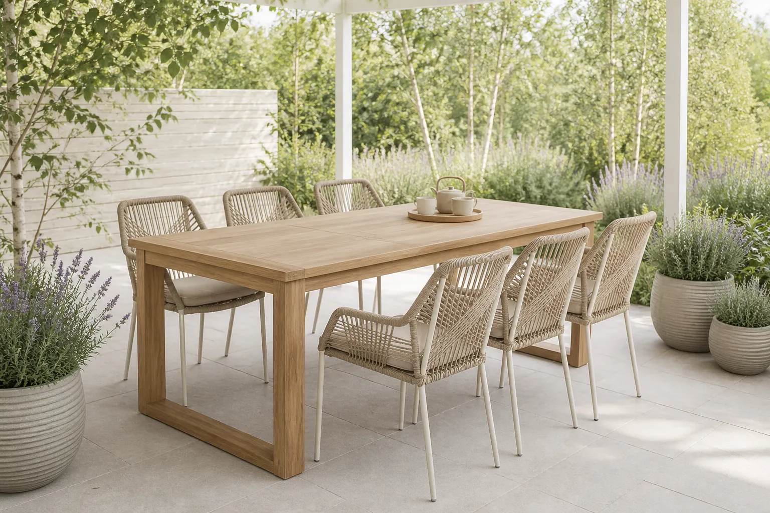 Sfeerfoto van BUITEN living Corfu/Seville beige dining tuinset | 6 personen | teakhout + touw | 200cm