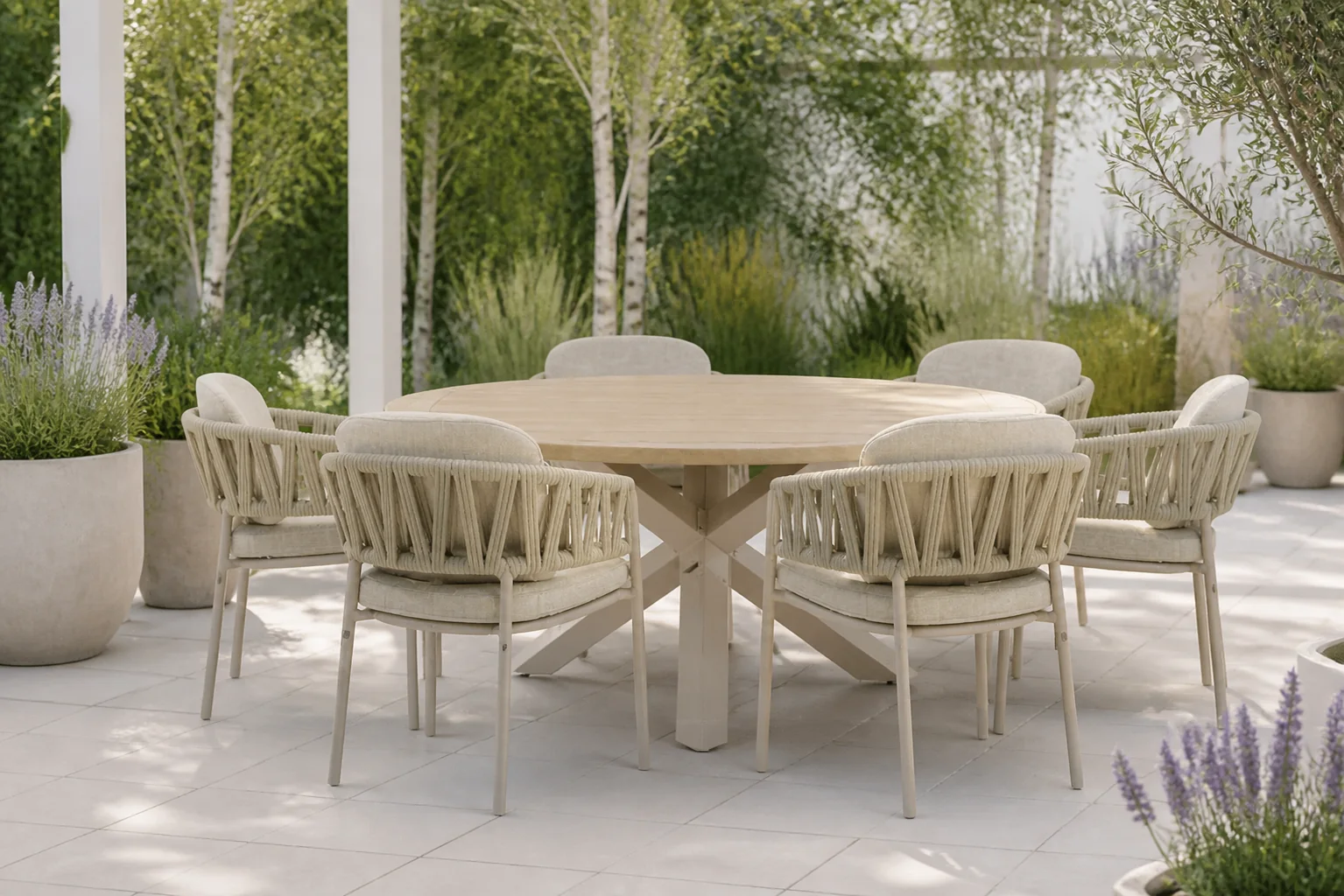Sfeerfoto van 4 Seasons Outdoor Calma/Rockville 160 cm dining tuinset 7-delig – Zand/Beige