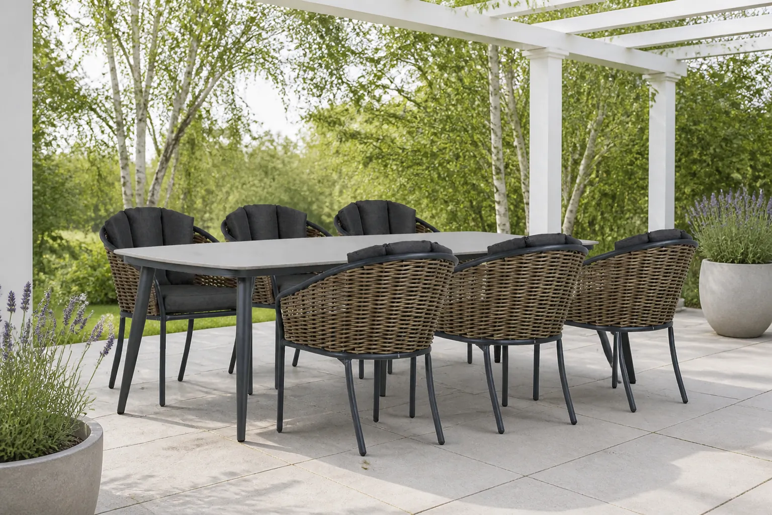 Sfeerfoto van Santika Furniture Tika/Vienna 240 cm dining tuinset 7-delig – Grijs-antraciet