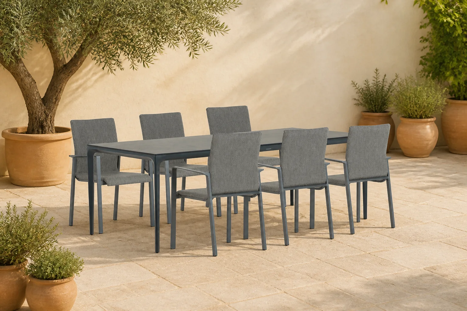 Sfeerfoto van Lifestyle Garden Furniture Rome/Cesar 220 cm dining tuinset 7-delig – Grijs-antraciet