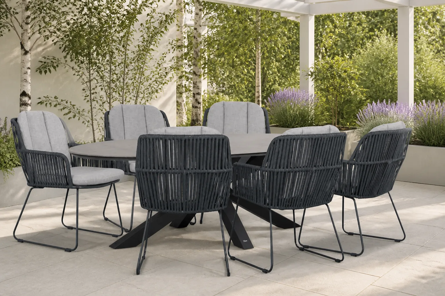 Sfeerfoto van Domani Furniture Trivento/Lunea 240×120 cm dining tuinset 7-delig – Grijs-antraciet