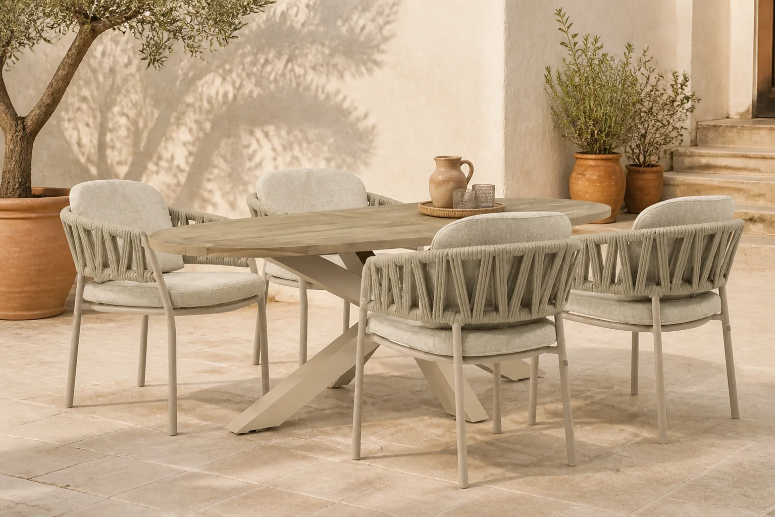Sfeerfoto van 4 Seasons Outdoor Calma/Brookline 200×110 cm dining tuinset 5-delig – Zand/Beige